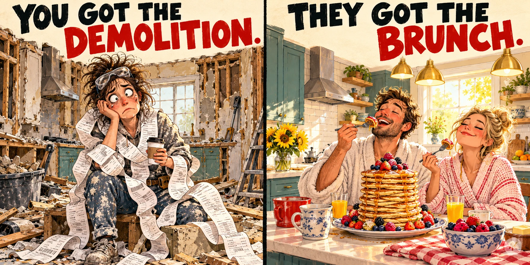 An exhausted seller lives through demolition; the delighted buyers get pancakes in the new kitchen.