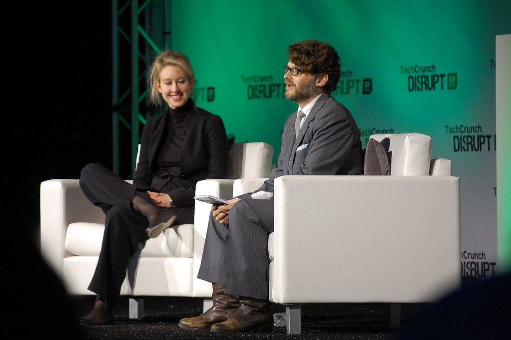 Elizabeth Holmes and interviewer Jonathan Shieber seated onstage at TechCrunch Disrupt in San Francisco in September 2014.