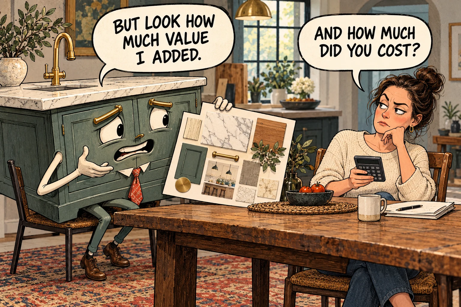A cartoon kitchen island boasts about its added value. Its owner asks how much it cost.