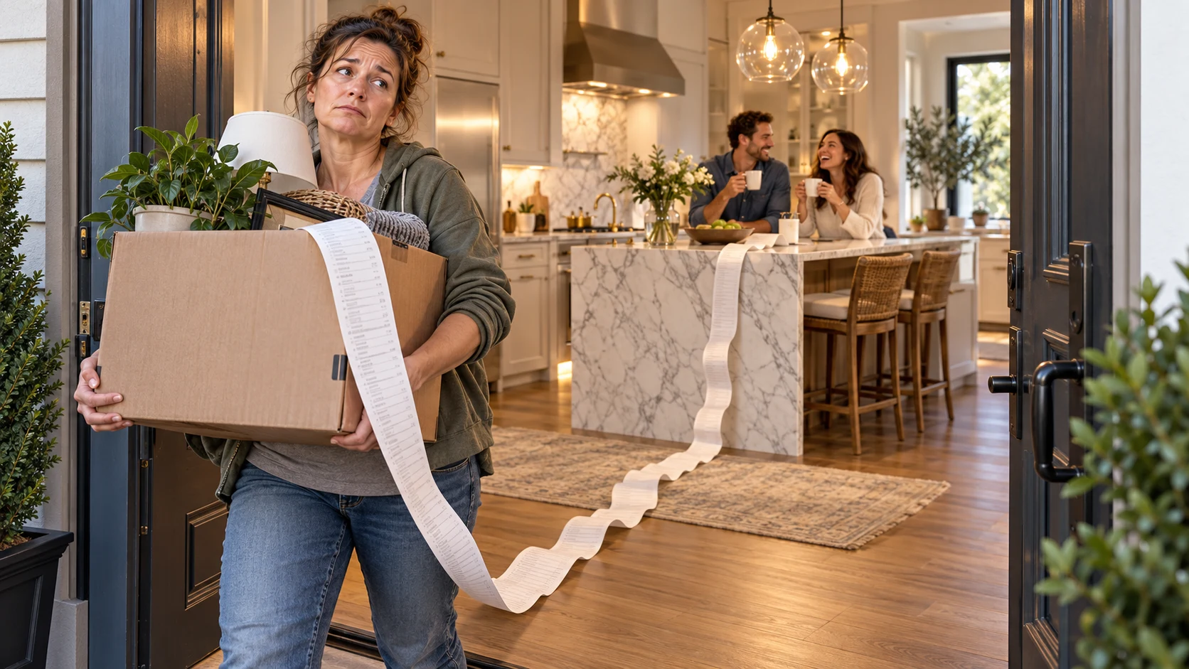 An exhausted seller carries moving boxes and a long renovation receipt while the new owners enjoy the finished kitchen.