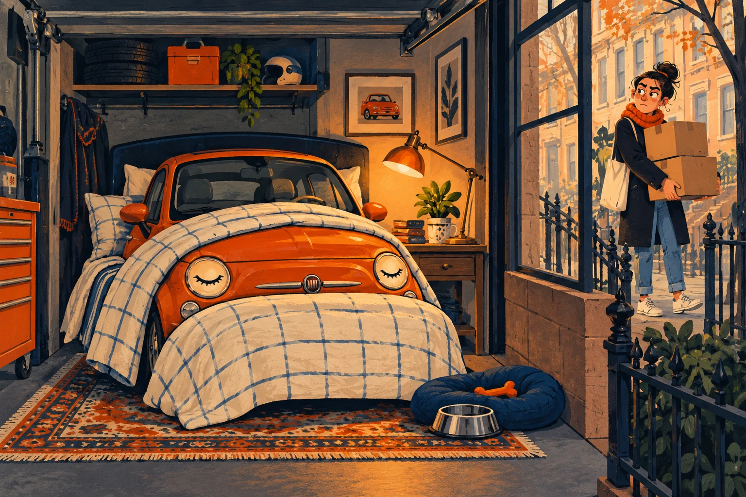 Illustration of a compact car tucked into a bed while a renter with moving boxes waits outside.