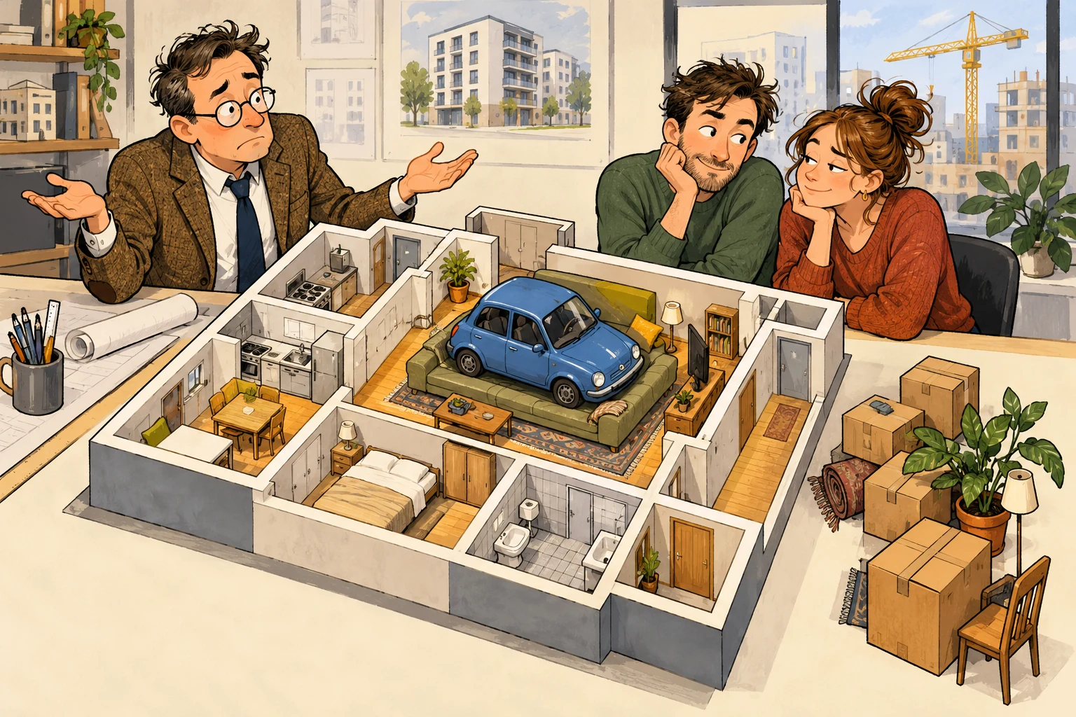 An architect shows a couple an imaginary apartment model with a car occupying the living room.