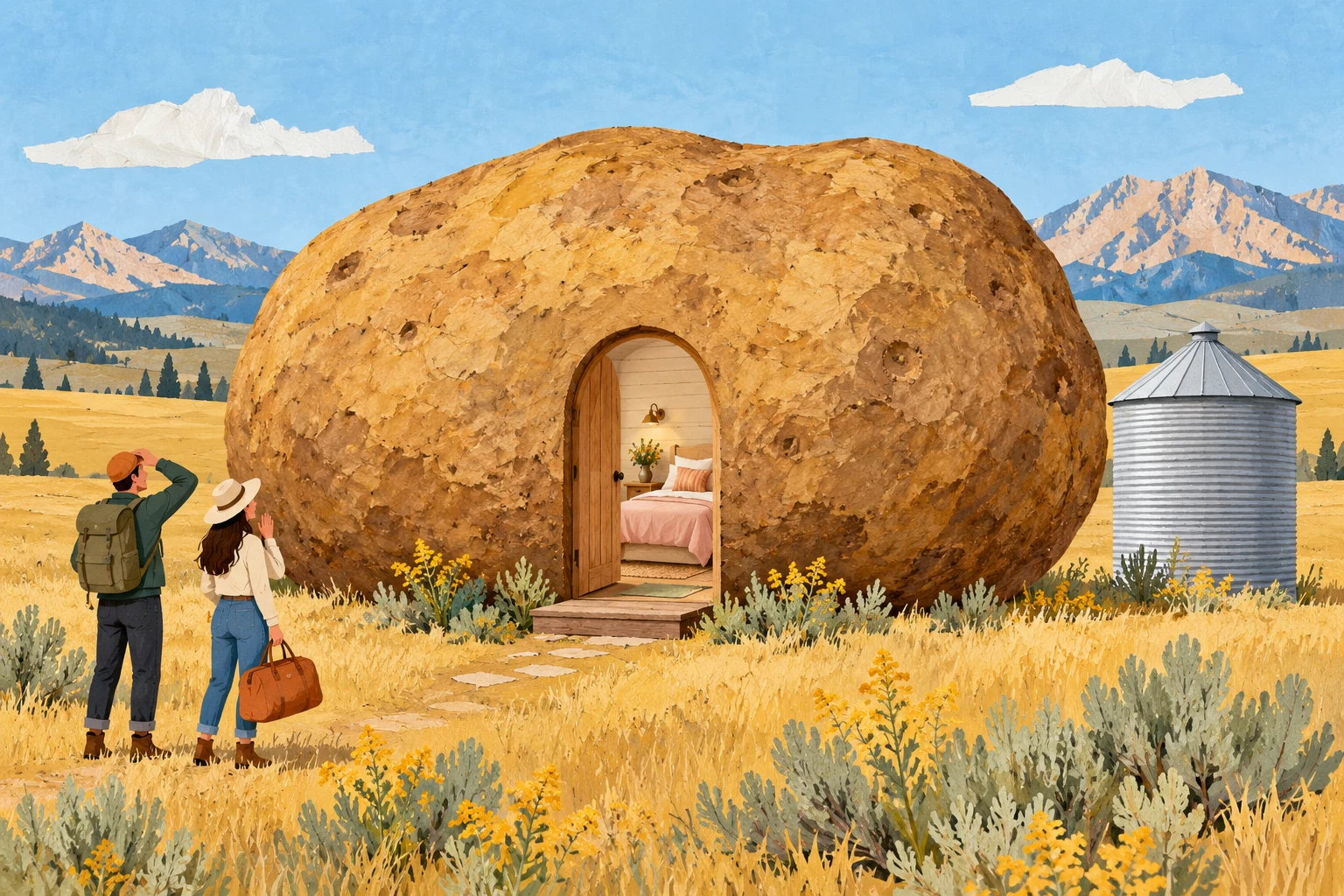 Cut-paper style illustration of a giant potato sleeping cabin and separate silo in an Idaho field.