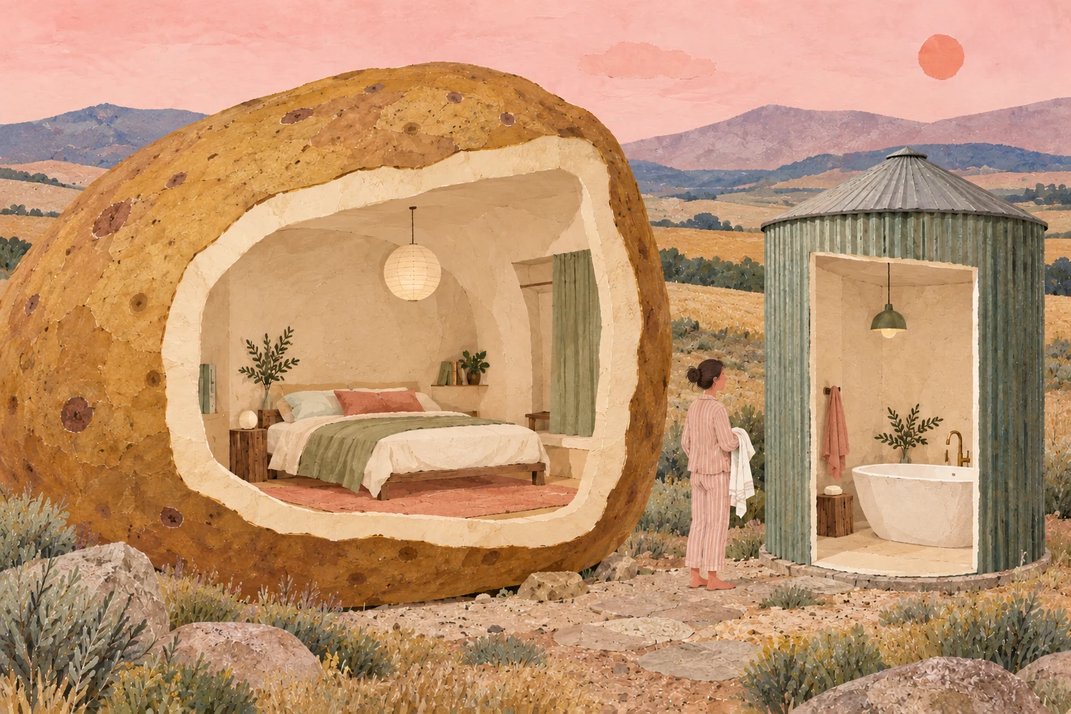 An imagined cutaway shows a bed inside a thick potato shell, with a bathtub in a separate silo and a traveler carrying a towel between them.
