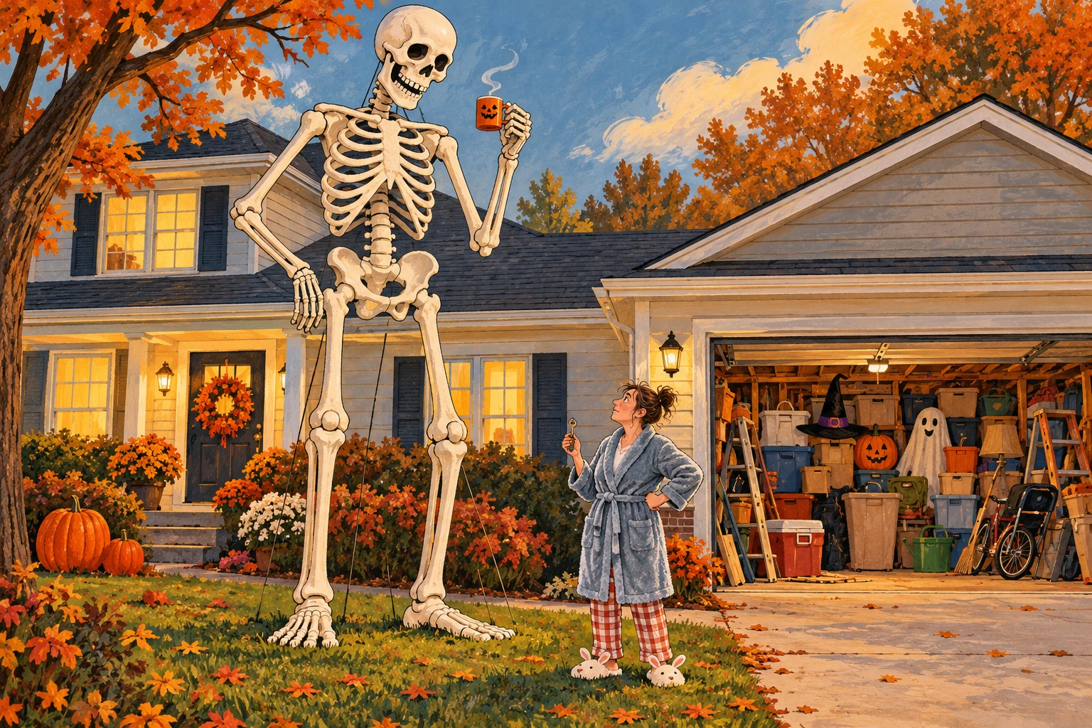 Illustration of a giant lawn skeleton holding a tiny coffee mug while a homeowner in a robe looks up.