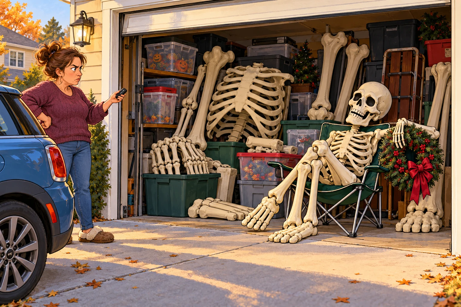 A disassembled giant skeleton occupies an overflowing garage while a homeowner and car remain outside.